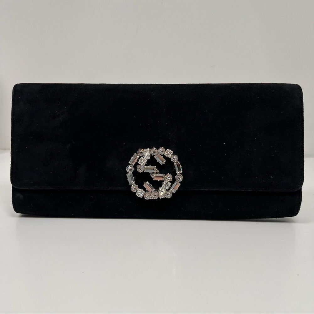 GUCCI Vintage GG Logo Clutch Bag Pouch Crystal Rhinestone Black Silver Suede